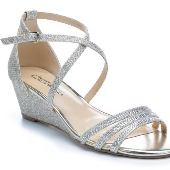 American Glamour Badgley Mischka Ankle Rhinestone Wedge Sandals shoes sz 9 - Picture 1 of 12